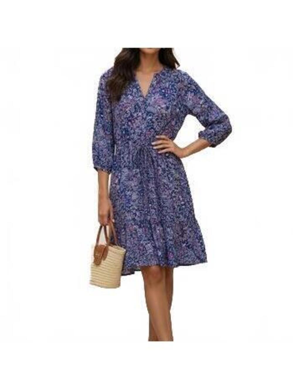 SONOMA Womens Dress Size M Navy Blue Floral Button Front Midi Dress 3/4 Sleeve
